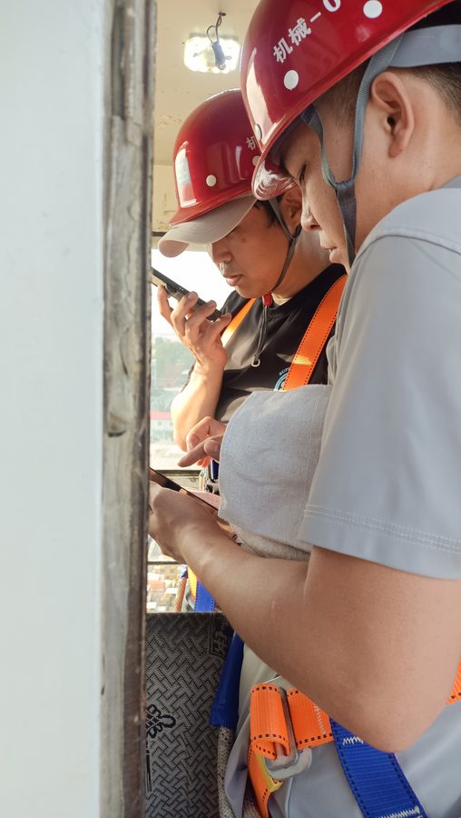 Engineers from both sides going through parameters on site with an interpreter